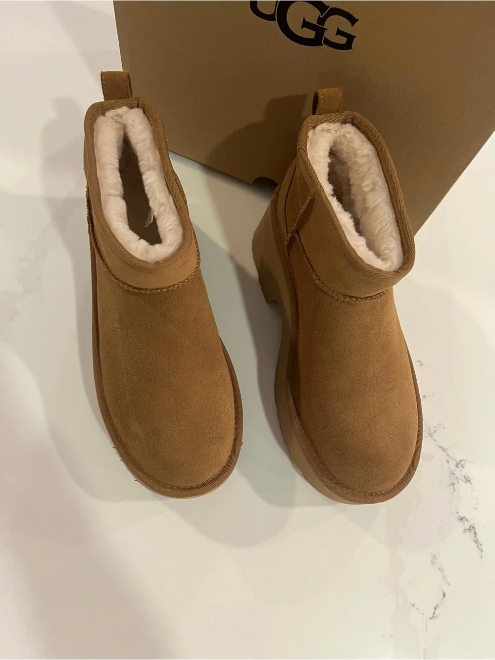 UGG Ultra Mini New Heights Women’s Chestnut Suede Platform Ankle Boots